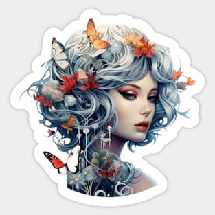 Beautiful woman's face with flowers and butterflies Sticker